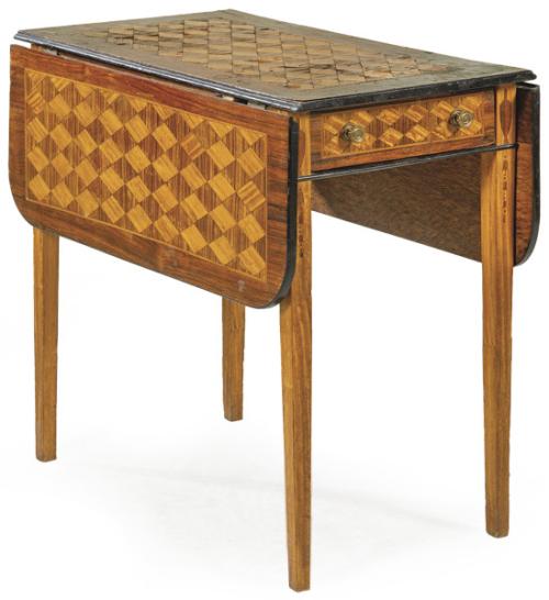  Mesa de alas rectangular en madera de palosanto, con tapa de marquetería con motivos geométricos.