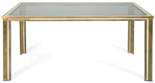 Mesa de comedor estilo Willy Rizzo en metal cromado y latón, con tapa de cristal ahumado.Años 70