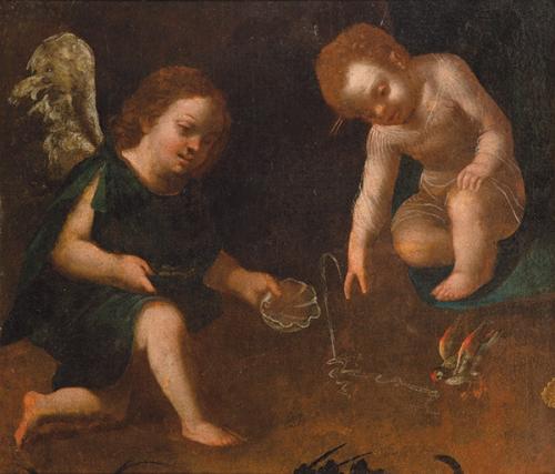 ESCUELA ITALIANA S. XVII - Niño Jesús y angelote con un jilguero