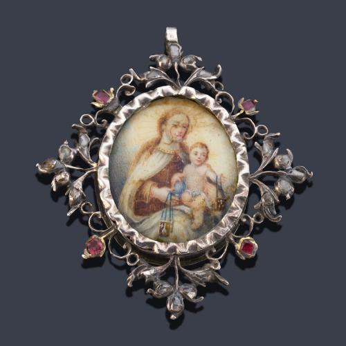 Relicario con La Imagen de la Virgen del Carmen y el Niño en brazos pintado a mano. S. XVIII.