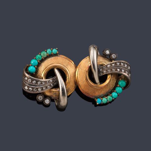 Broche retro con diseño doble circular con bandas de diamantes talla rosa y turquesas talla cabujón, en oro amarillo de 18K con vista en oro blanco. Años '40.