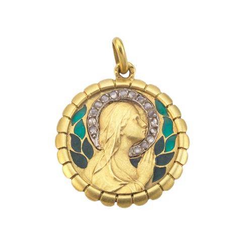 Medalla  con La Imagen de La Virgen con decoración de diamantes talla rosa y esmalte policromado.