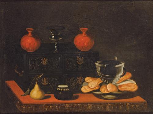 BERNARDO POLO Y TALLER - Bodegón con dulces, fruta, vasijas y cofre de ébano