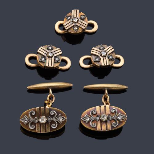 Gemelos y botonadura con diamantes talla rosa en montura de oro amarillo de 18K. Finales S.XIX.