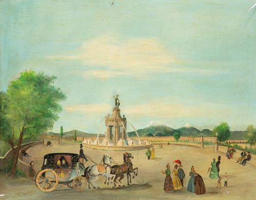 ESCUELA MEXICANA S. XIX - Vista de la fuente de la Libertad y aledaños