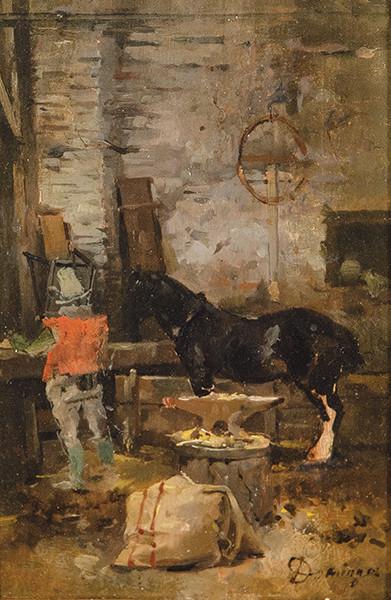 ESCUELA ESPAÑOLA S. XIX - Herrando al caballo