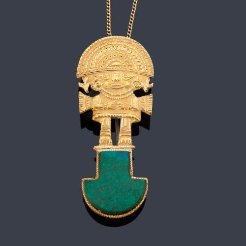 Colgante-Broche con motivo de 'Tumi Ceremonial Inti' con remate de malaquita.