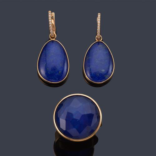 Pendientes y anillo con lapislázuli y brillantes en montura de oro amarillo de 18K.