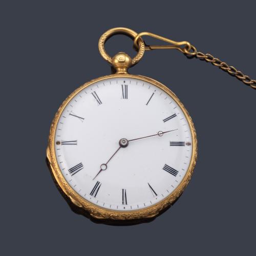 A. PERCEE, reloj lepin de colgar con caja en oro amarillo de 18 K y cadena.