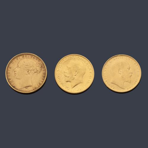 3 Monedas de libras inglesas en oro de 22 K.