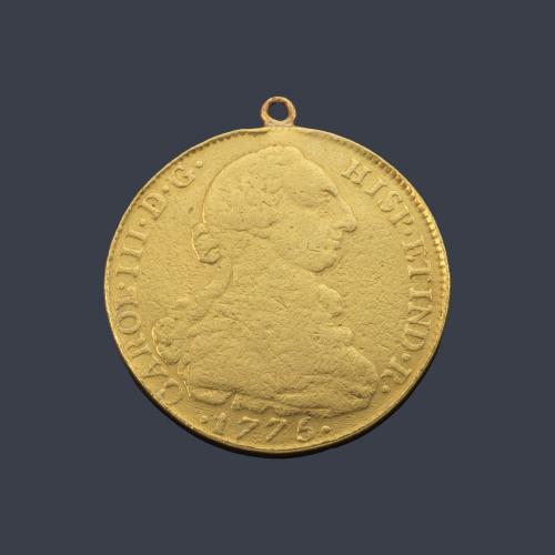 Carlos III 8 escudos, Nuevo Reino 1775 JJ. Colgada.
