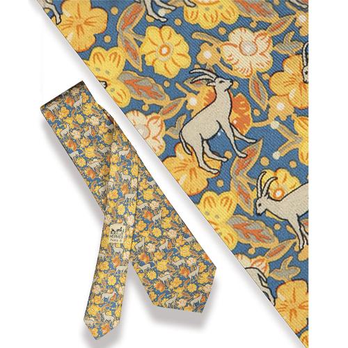 Corbata Hermès, Antílopes sobre fondo floral, azul y amarillo.
