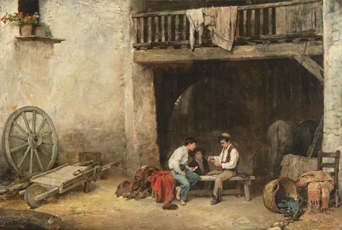 JOSÉ BENLLIURE - Niños jugando a las cartas en una corrala