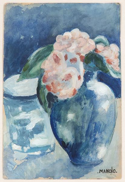  MANOLO HUGUÉ - Flores en jarrón azul