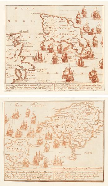PIETER SCHENK - Mapas y escenas de la Toma de Mallorca e Ibiza en 1706 y del puerto de Mahón y Menorca en 1708, por la flota anglo-neerlandesa