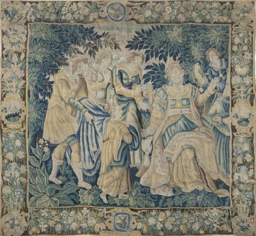 Tapiz Aubusson verdure en lana y seda "Escena narrativa"