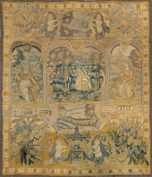 Tapiz en lana y seda en el que se representa una escena narrativa central flanqueada por las diosas romanas FIDES (fe, confianza, lealtad) y SPES (Esperanza) sobre fondo frondoso y enmarcadas por arquería clásica. S. XVI