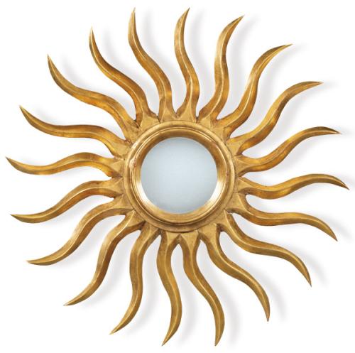 Marco de espejo en forma de Sol en madera dorada.