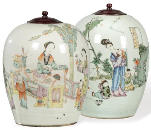 Pareja de jarrones de porcelana china con esmaltes polícromos S. XIX