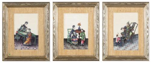 Seis papeles de arroz pintados al gouache, China, Dinastía Qing S. XIX. Enmarcados. Uno de ellos con desperfectos