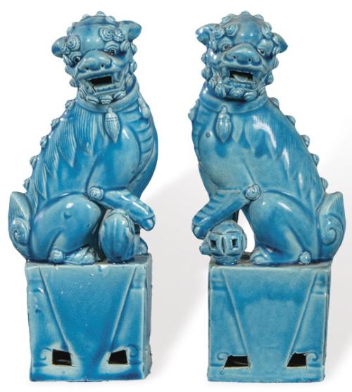 Pareja de leones de Foo en porcelana azul turquesa