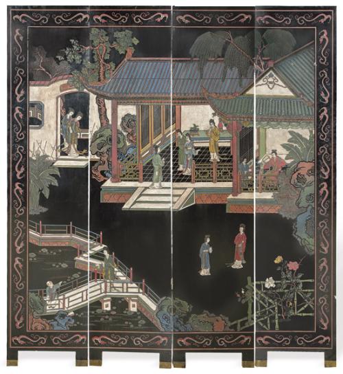 Biombo chino tallado y policromado S. XX