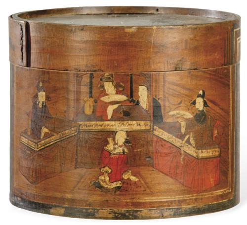 Caja sombrera china de madera de balsa policromada, Dinastía Qing S. XIX