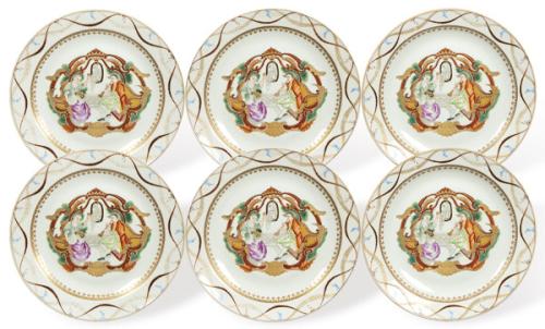 Juego de seis platos de porcelana de Compañia de Indias con esmaltes polícromos, Dinastía Qing, época de Qianlong (1736-95)