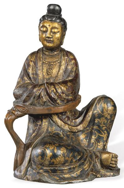 "Guanyin" de madera tallada, policromada y dorada, China Dinastía Qing, S. XIX.