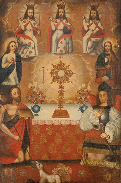 ESCUELA CUZQUEÑA S. XVIII - La Trinidad, la Virgen María, San José, San Juan Bautista y San Miguel Arcángel adorando la Sagrada Eucaristía