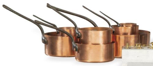 Juego de siete cazos de cobre y hierro en disminución ff. S. XIX.