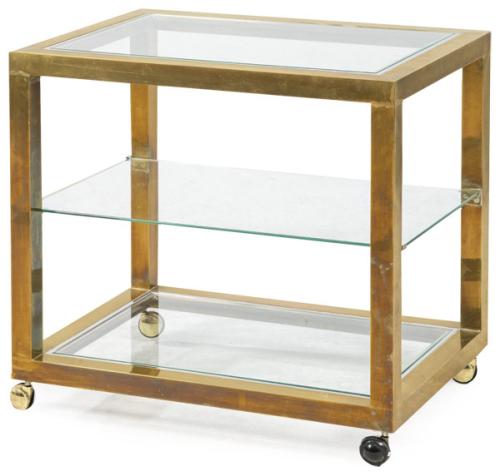 Carro de servir, con estructura tubular de sección cuadrada en metal cromado y latón. Con dos baldas de cristal.