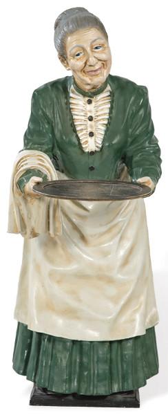 Tarjetero de resina en forma de anciana con delantal.