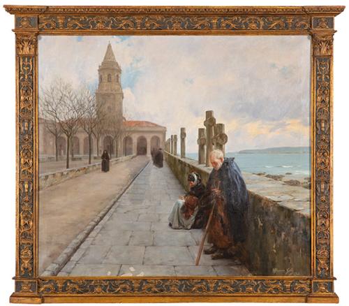 VENTURA ALVAREZ SALA - Pobres en Campo Valdés con la iglesia de San Pedro al fondo, (Gijón)