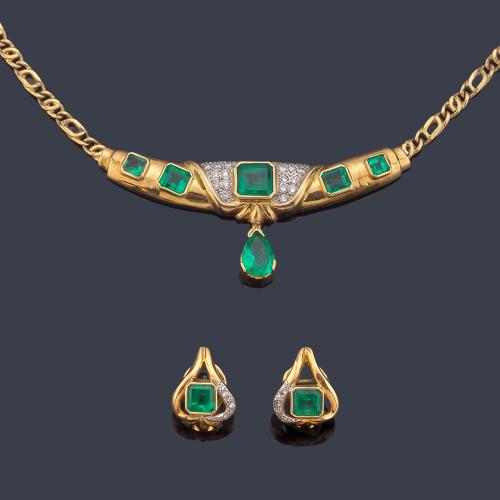 Collar y pendientes con esmeraldas talla esmeralda y perilla de aprox. 8,54 ct y 3,44 ct respectivamente, con pavé de brillantes.
