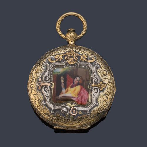  SANDOZ, reloj de colgar con caja en oro amarillo de 18 K con esmalte.