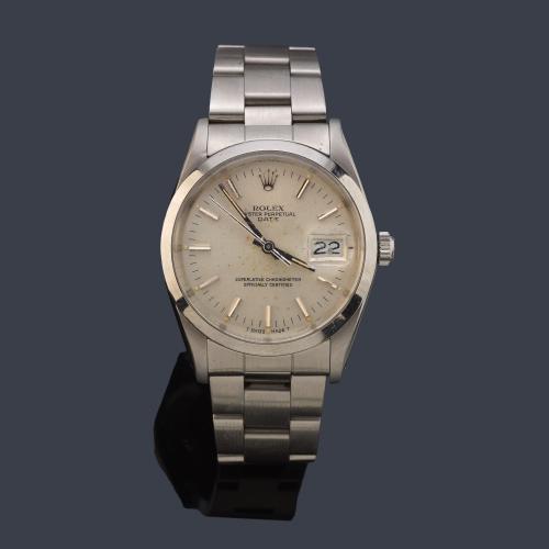 ROLEX Oyster Perpetual Date, Superlative Chronometer Officially Certified. Ref. 15000 para caballero con caja y brazalete en acero. Con documentación.