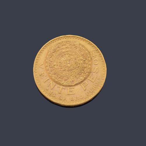 Moneda de 20 pesos Mexicanos en oro de 22K.