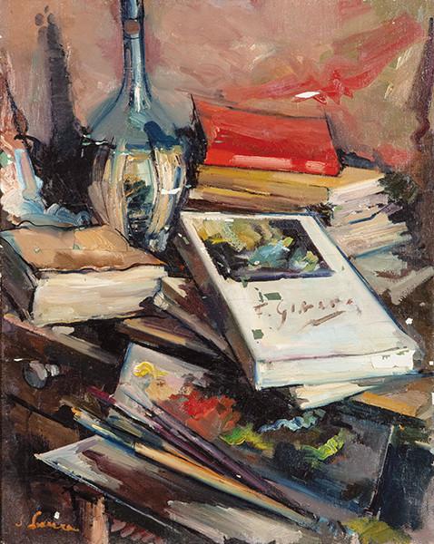 JOAN SERRA MELGOSA - Naturaleza muerta con libros y botella