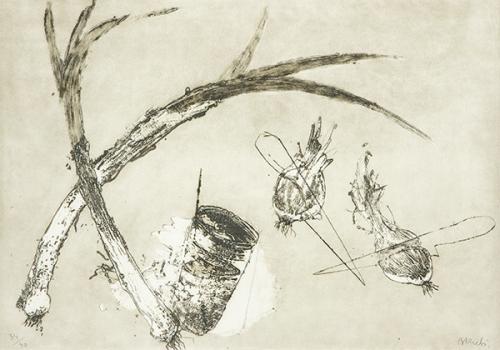  MIQUEL BARCELÓ - Puerros, cebollas, cuchillos y vaso. (tres Bodegones)