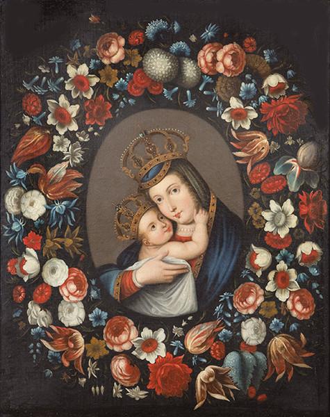 ESCUELA ANDALUZA S. XVIII - Nuestra Señora de Belén en orla de flores