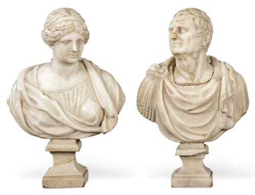 "Emperador Julio Cesar y Diana" Pareja de Bustos de mármol blanco, Francia S. XIX