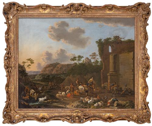 JAN FRANS SOOLMAKER - Paisaje con escena pastoril y ruinas