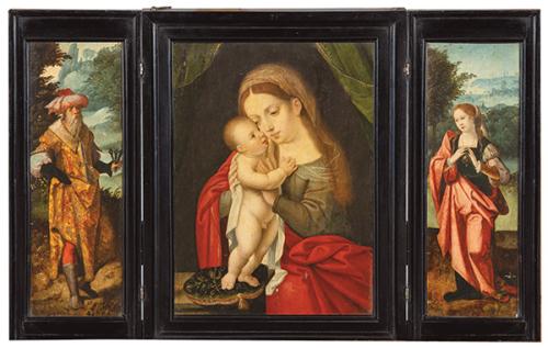 ESCUELA FLAMENCA S. XVI - Tríptico con la escena central de la Virgen con el Niño, José de Arimatea y Santa Catalina