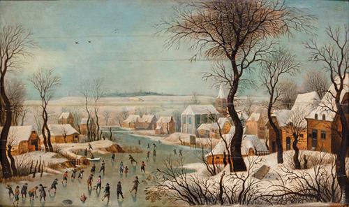 SEGUIDOR DE PIETER BRUEGHEL EL JOVEN S. XVI-XVII - Paisaje nevado con patinadores y trampa para pájaros