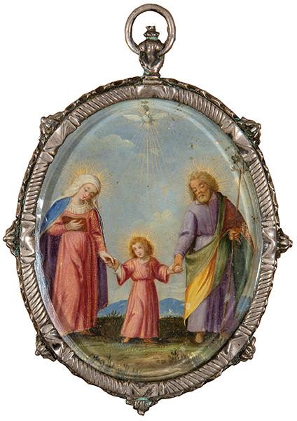 ESCUELA FLAMENCA S. XVII - Relicario de plata con escena de la Sagrada Familia y al dorso teca con reliquias de distintos santos