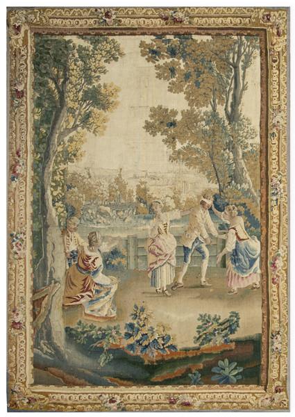 Tapiz "Juego de la gallina ciega". Forma parte de la serie "Les Amusements de la Campagne" según Jean-Baptiste Oudry.