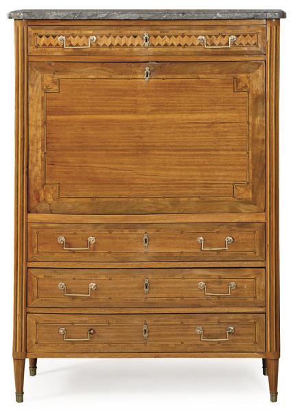 Secretaire "a abattant" Luis XVI en madera de caoba, con decoración geométrica de marquetería.