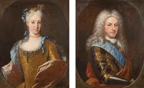 MIGUEL JACINTO MELÉNDEZ - Pareja de retratos regios de Isabel de Farnesio y Felipe V con armadura