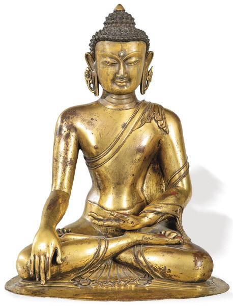 Buda sentado en cobre cubierto de oro y policromado, Tibet S. XVIII